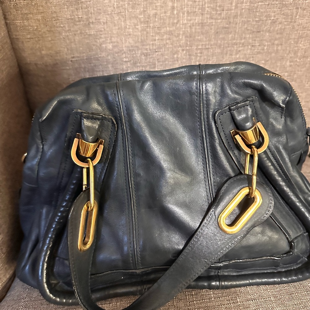 Dark Blue Leather Handbag with Gold Accents